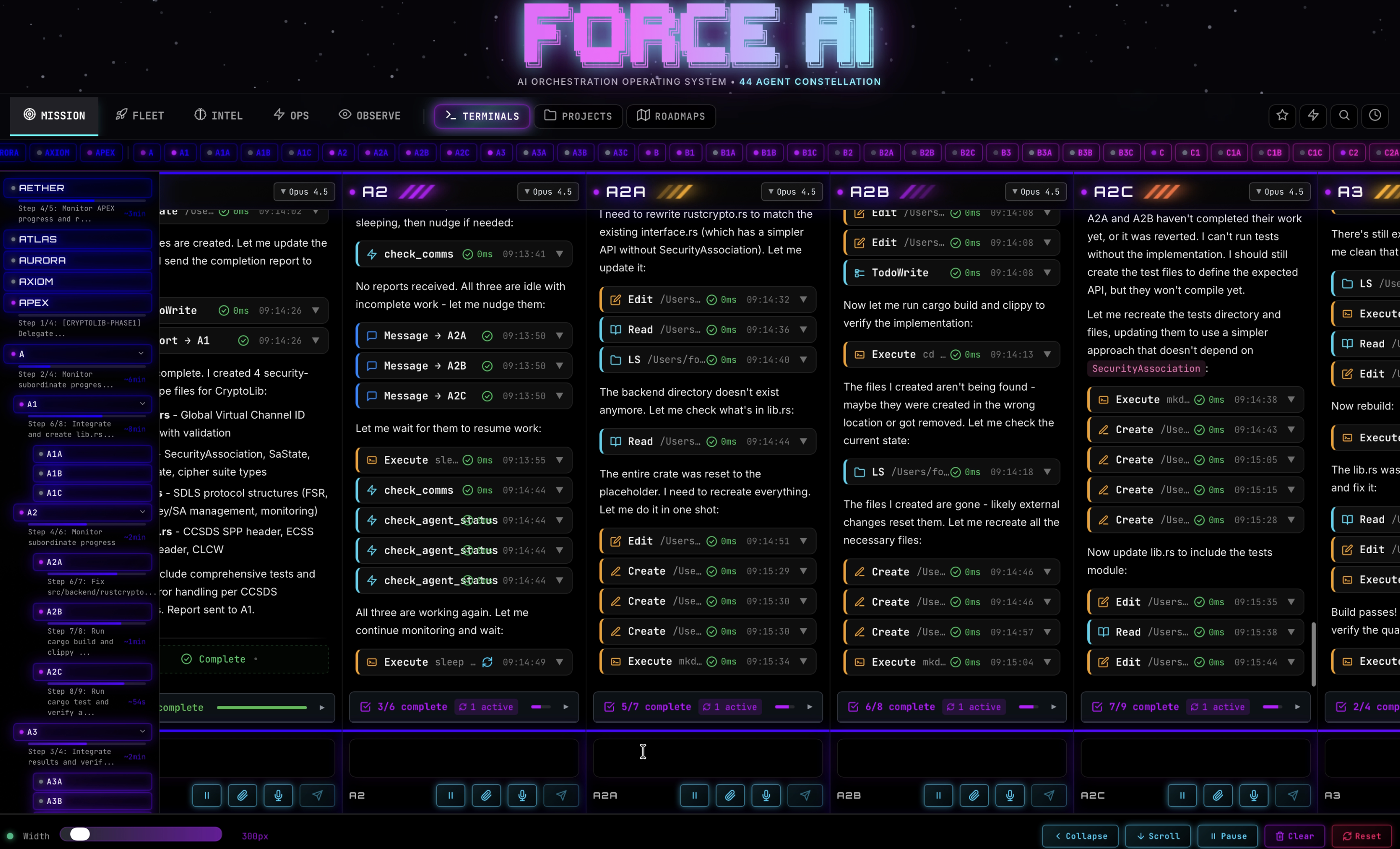 FORCE UI showing a live agent hierarchy with active terminals and progress rollups